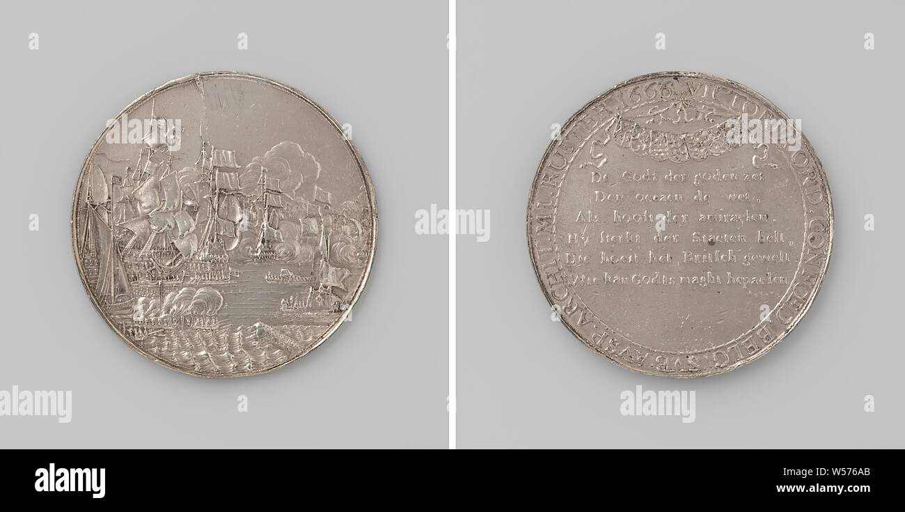 Four-day battle, Silver Medal. Front: sea battle. Reverse: inscription under seven bound coats of arms within inscription, North Foreland, Kent, Juriaen Pool (I), Amsterdam, 1666, silver (metal), striking (metalworking), d 5.7 cm × w 493 Stock Photo