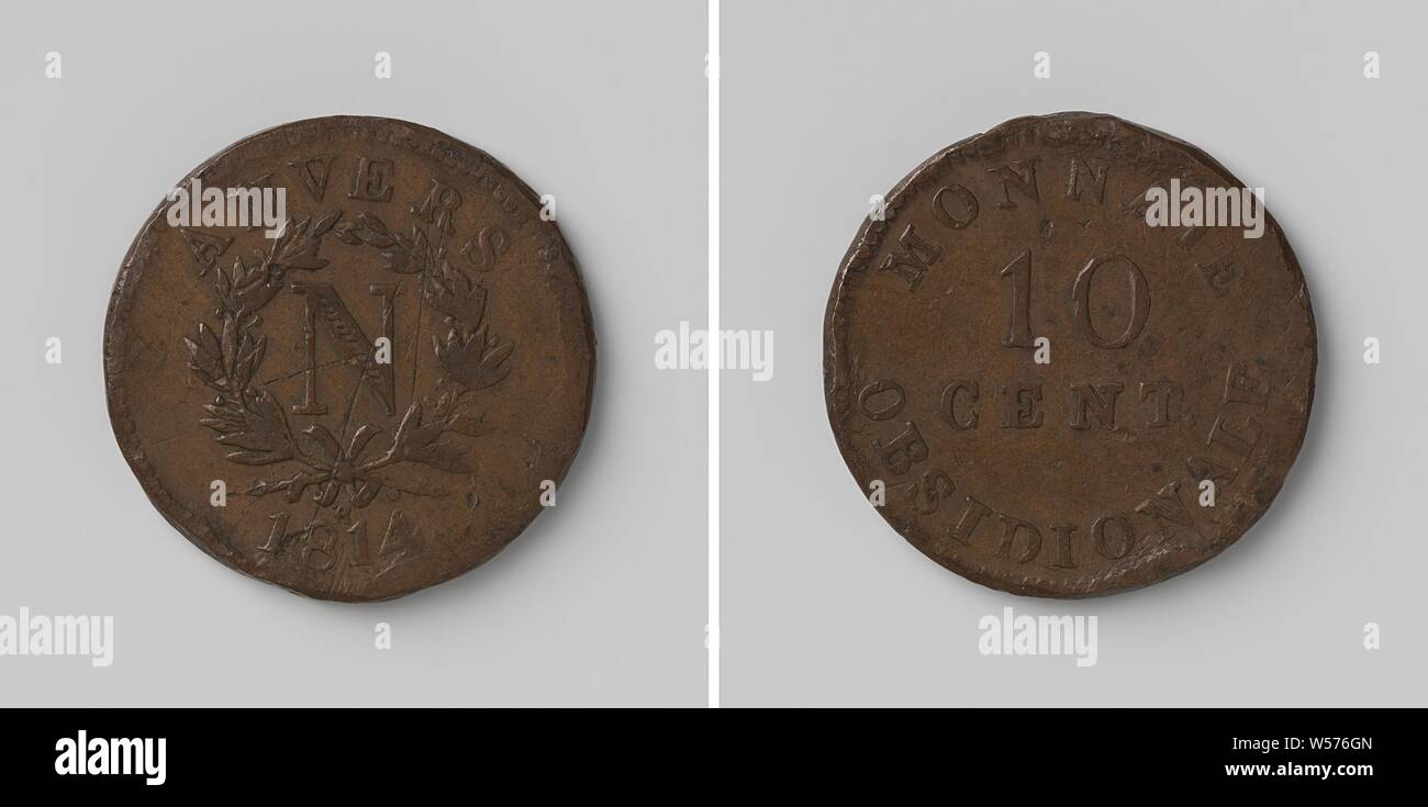 Siege of Antwerp, emergency coin of ten cents, minted by Napoleon I Bonaparte, emperor of the French, Obverse: letter N inside laurel wreath with inscription above year, below letter N: lowercase W. Reverse: value indication inside a circle, Antwerp, Napoleon I Bonaparte (Emperor of the French), anonymous, 1814, copper (metal), striking (metalworking), d 3.5 cm × w 25.63 Stock Photo