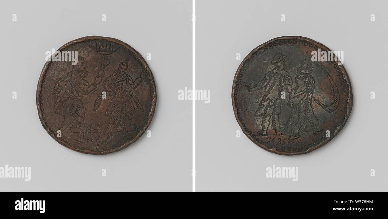 Copper Medal, Copper Medal. Front: under crown: two standing persons, of which left-hand and right-hand side shows elongated objects. Reverse: left armed couple, whose wife wears waving veil above year., anonymous, 1685, copper (metal), engraving, d 2.9 cm × w 7.82 Stock Photo