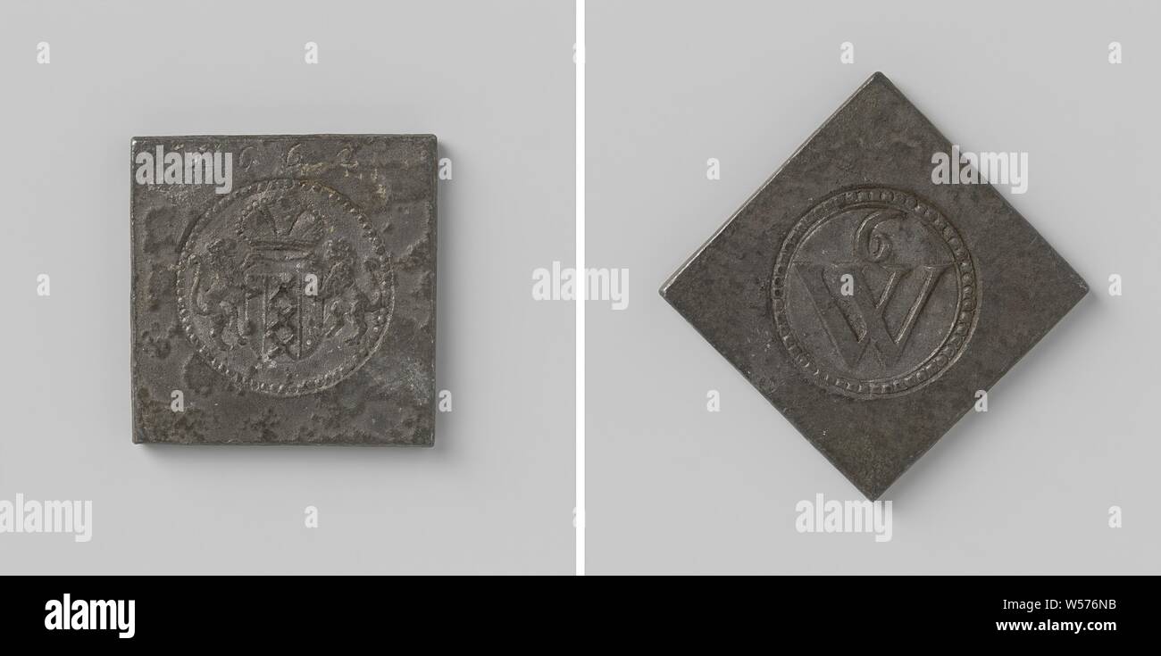 City of Amsterdam, 6th district, small piece that gave the right to rye bread at a price of eight and a half penny, diamond-shaped piece. Front: in round stamp: crowned coat of arms, flanked by two lions within a round pearl border, above: year. Reverse: in round stamp: the number 6 above the letter W inside a round pearl edge, Amsterdam, anonymous, 1662, engraving, h 3.2 cm × w 3.1 cm × w 28.66 Stock Photo