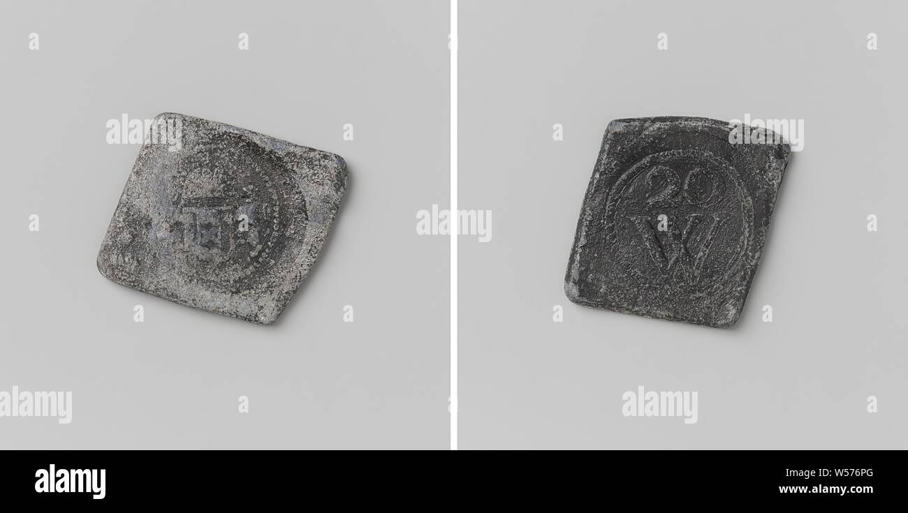 City of Amsterdam, district 20, piece that gave the right to rye bread at a price of eight and a half penny, diamond-shaped piece. Front: in round stamp: crowned coat of arms, flanked by two lions within a round pearl border. Reverse: in round stamp: number 20 above letter W inside round pearl edge, Amsterdam, anonymous, 1662, founding, h 3.1 cm × w 2.8 cm × w 19.35 Stock Photo