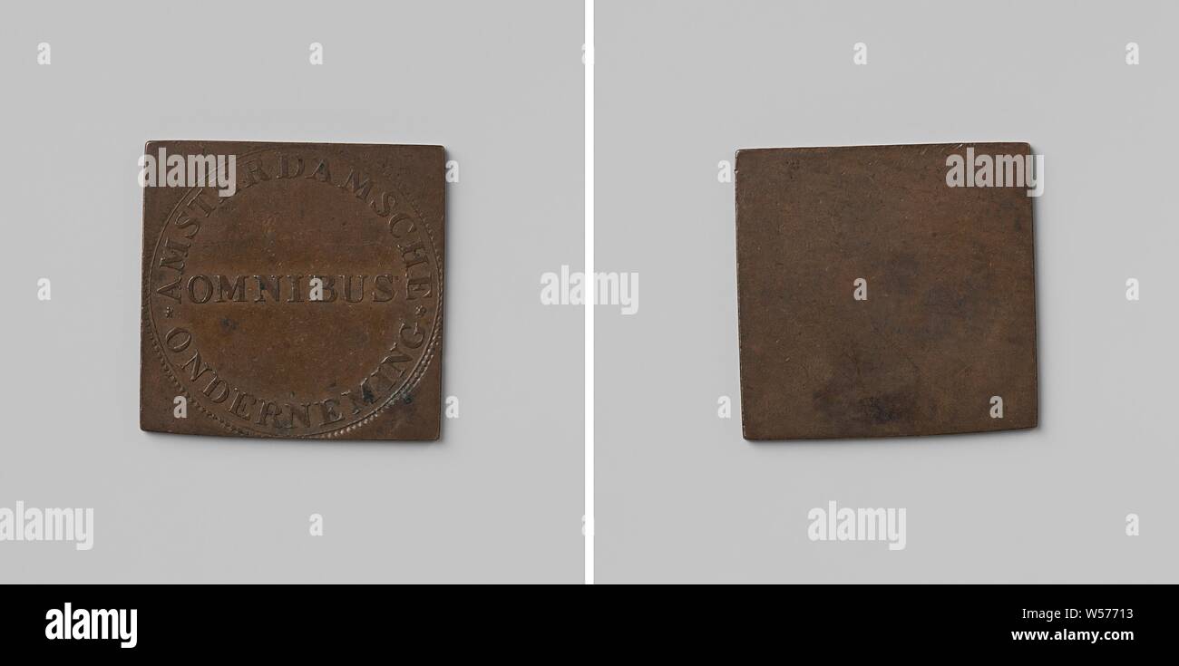 Amsterdam Omnibus Company, medal of a controller, Unilateral copper square medal Obverse: in pearl circle: inscription within inscription. Reverse: blank, Amsterdam, anonymous, 1839, copper (metal), striking (metalworking), h 3 cm × w 3 cm × w 8.94 Stock Photo