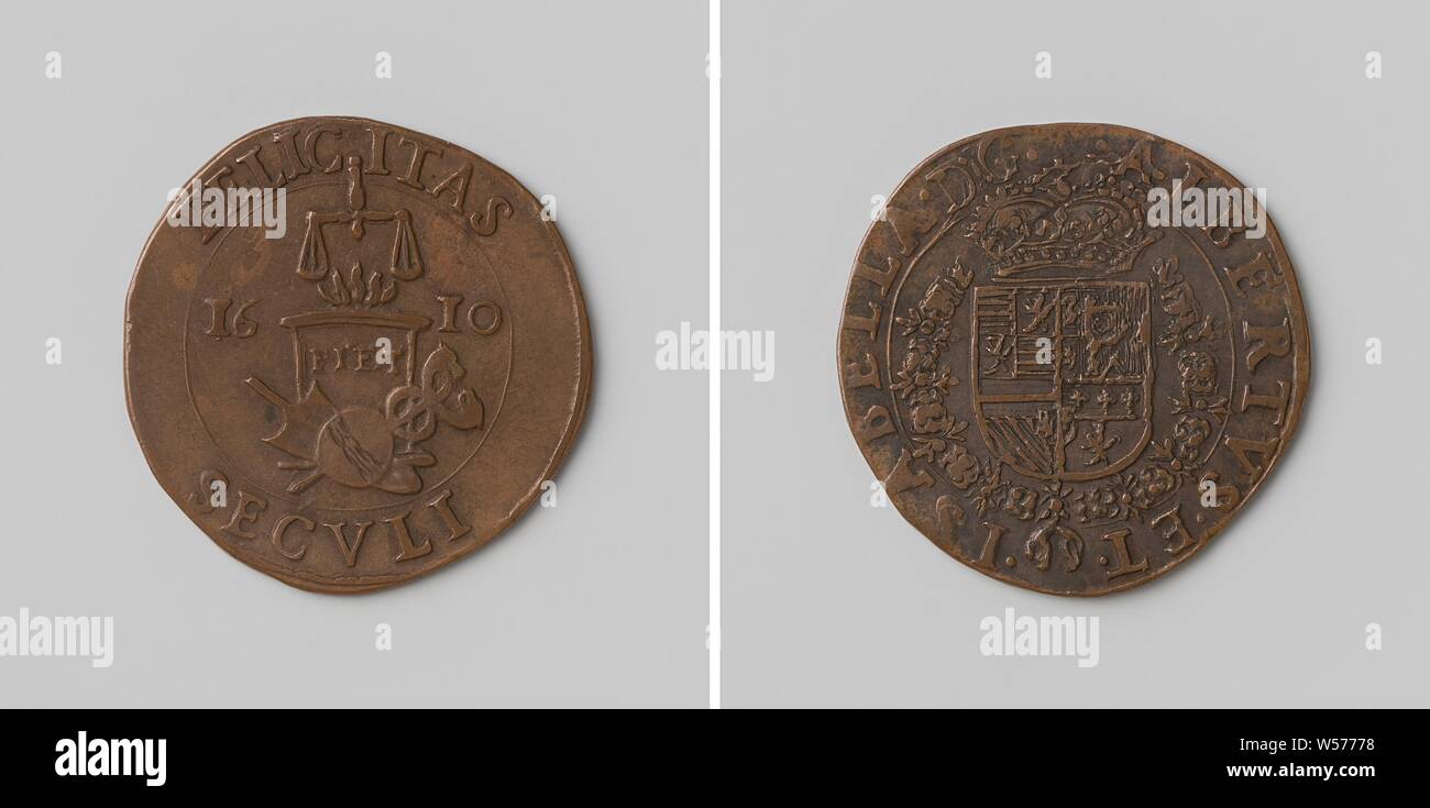 Happy Board of Albrecht and Isabella of Austria, Copper Medal. Front:  ship's wheel, globe and Mercury staff, lying at the foot of a burning  altar, above which balance is balanced between the