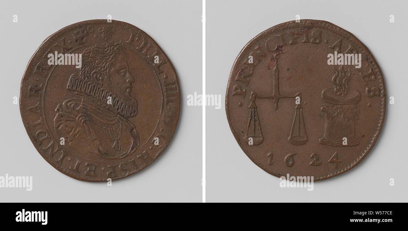 Philip IV, King of Spain, Copper Medal. Front: man's bust inside the inside. Reverse: balance in balance, next to a burning altar within an inscription, Philip IV (King of Spain), anonymous, Brussels, 1624, copper (metal), striking (metalworking), d 2.8 cm × w 50 Stock Photo