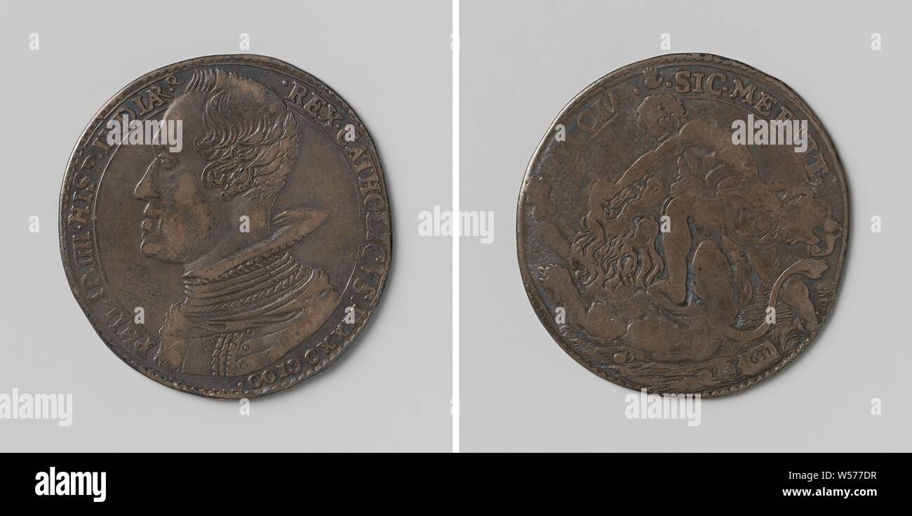 Victory over the Dutch fleet under Admiral de Pater, counting medal in honor of Philip IV, king of Spain, Silver Medal. Front: man's bust inside the inside. Reverse: Samson fighting with lion inside an inscription, Philip IV (king of Spain), Adriaen Jansz. Father, Adriaan Waterloos, Antwerp, 1631, silver (metal), striking (metalworking), d 3 cm × w 5.82 Stock Photo