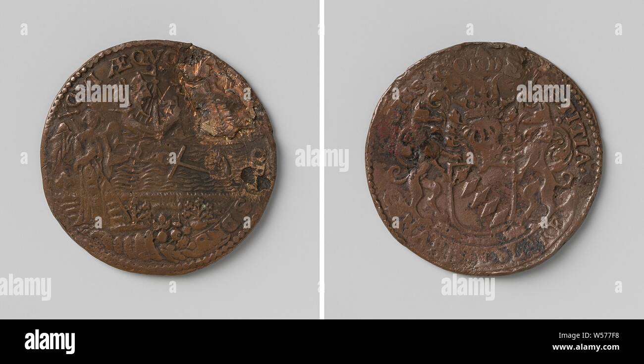 Frederik de Marselaer, thirty-eighth intendant of the canal of Brussels, Copper Medal. Front: ship on the high seas, right of it: Mercury, in the foreground: winged figure, representing Saint Michael with cross and staff, at his feet: stuffed horn of plenty within the scope. Reverse: helmeted coat of arms, flanked by two dogs above pennants with inscription inside, Vaart van Brussel, anonymous, Belgium, 1654 - 4-Jul-1654, copper (metal), striking (metalworking), d 2.9 cm × w 6.12 Stock Photo