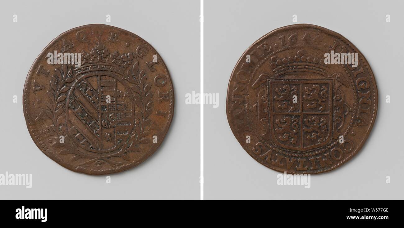 Death of Wilhelmina van Croy, calculation medal ordered by the States of Hainaut, Copper medal. Front: crowned coat of arms within laurel wreath and inscription. Reverse: crowned coat of arms in cartouche inside a circle, Hainaut, Wilhelmina of Croÿ, States of Hainaut, anonymous, Belgium, 1644, copper (metal), striking (metalworking), d 2.9 cm × w 5.87 Stock Photo