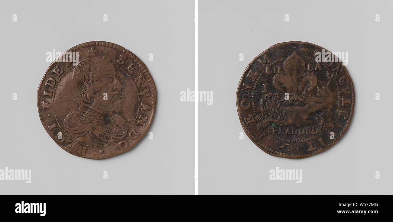 Philip IV, King of Spain, count penny of Flanders [?], Copper penny. Front: man's bust inside the inside. Reverse: lion looking under a large lily between inscriptions within an inscription, Philip IV (King of Spain), anonymous, Belgium, 1660, copper (metal), striking (metalworking), d 3.1 cm × w 5.56 Stock Photo