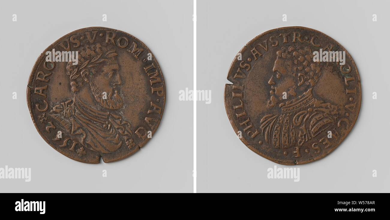 Charles V, German Emperor and his son Philip, prince of Spain, Copper Medal. Obverse: man's chest piece with laurel wreath inside an inscription. Reverse: bust of a man with a circle, Charles V of Habsburg (German emperor and king of Spain), Philip II (king of Spain), anonymous, 1552, copper (metal), striking (metalworking), d 2.9 cm × w 4.46 Stock Photo