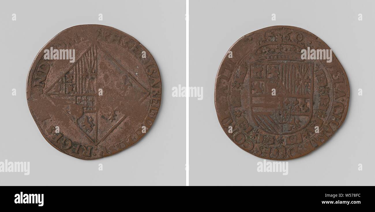 Philip II and Isabella, king and queen of Spain, calculation token from the audit office of Flanders in Lille, Copper medal. Obverse: diamond-shaped coat of arms within an inscription. Reverse: crowned coat of arms hanging around the Order of the Golden Fleece within an inscription, Lille, Philip II (King of Spain), Elisabeth of Valois (Queen of Spain), Court of Auditors of Flanders, anonymous, Vlaanderen, 1560, copper (metal), striking (metalworking), d 2.9 cm × w 4.62 Stock Photo
