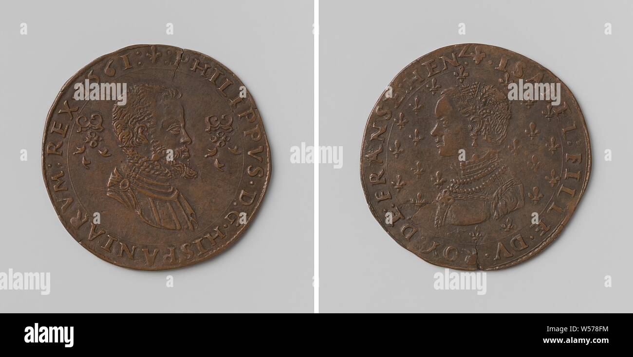 Philip II and Isabella, King and Queen of Spain, Copper Medal. Obverse: man's bust between two fires of fire, where sparks are fired within a circle. Reverse side: bust of a woman on a field, littered with lilies within an inscription, Philip II (king of Spain), Elisabeth van Valois (queen of Spain), anonymous, Wallonie, 1561, copper (metal), striking (metalworking), d 2.9 cm × w 4.10 Stock Photo