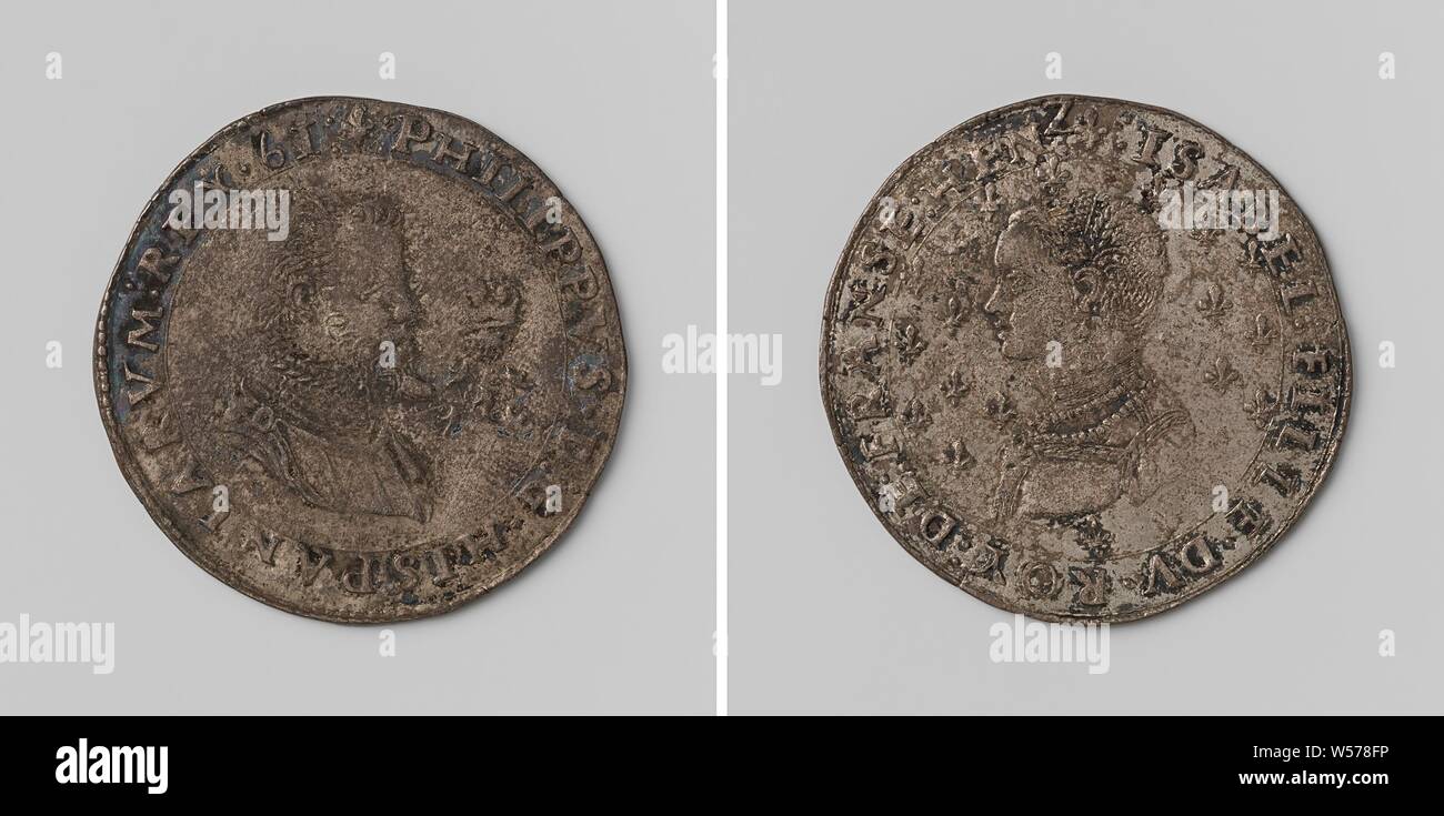 Philip II and Isabella, King and Queen of Spain, Silver Medal. Front: bust man, right: firing, where sparks pop out within a circle. Reverse side: bust of a woman on a field, littered with lilies within an inscription, Philip II (king of Spain), Elisabeth van Valois (queen of Spain), anonymous, Wallonie, 1561, silver (metal), striking (metalworking), d 2.9 cm × w 47 Stock Photo