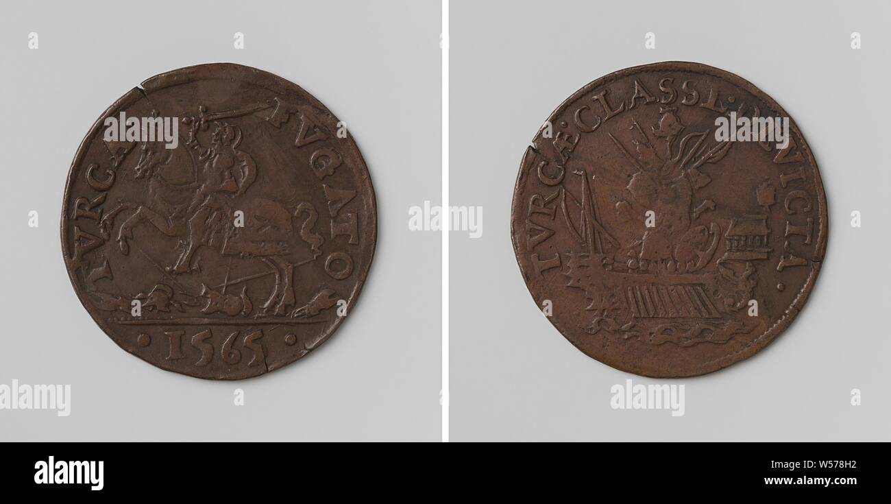The Turks of Malta expelled, Copper Medal. Obverse: armored horseman with a drawn sword above the head traps war equipment within an inscription, cut: year. Reverse: ship at sea, thereon a victory sign in a circular, Malta, anonymous, 1565, copper (metal), striking (metalworking), d 2.9 cm × w 4.89 Stock Photo