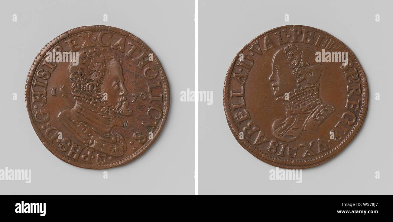 Philip II and Isabella, King and Queen of Spain, Copper Medal. Obverse: man's bust between years within the scope. Reverse: bust of a woman within a circle, Utrecht, Philip II (king of Spain), Elisabeth van Valois (queen of Spain), Staten van Utrecht, anonymous, 1570, copper (metal), striking (metalworking), d 3 cm × w 5.28 Stock Photo