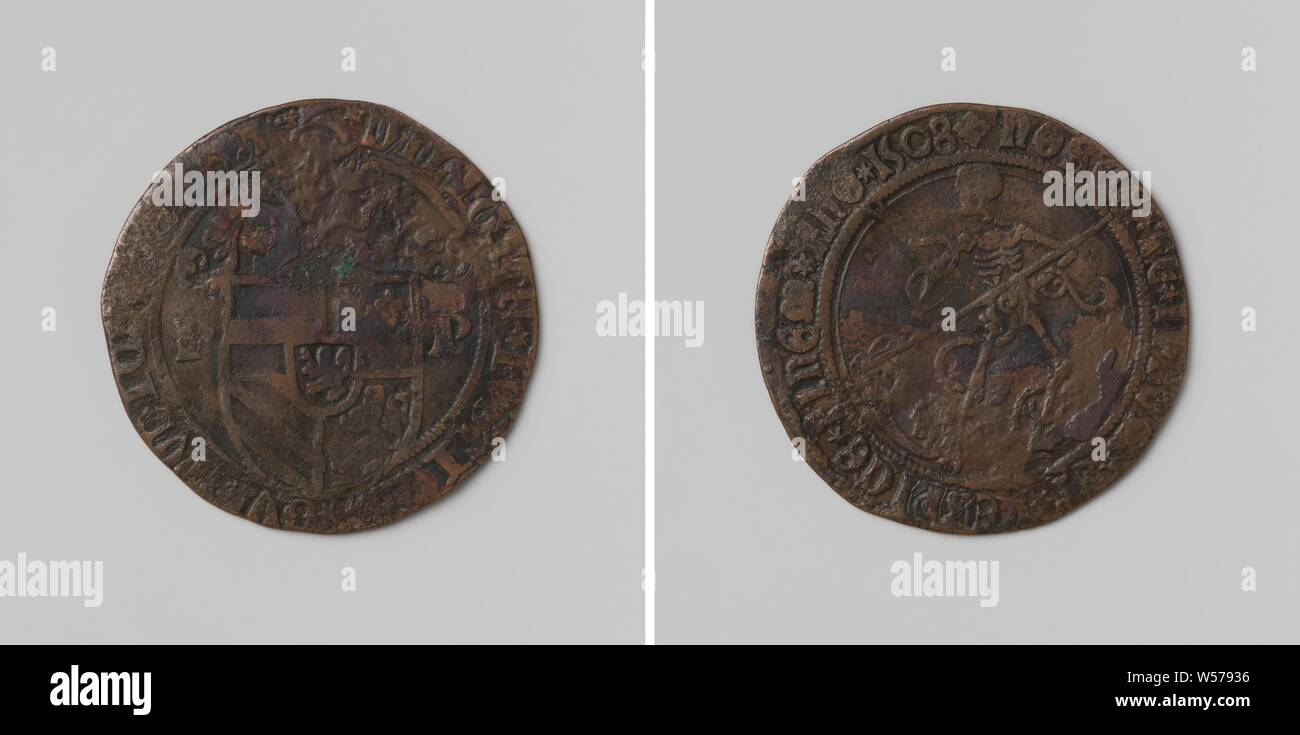 Allegory on the favorable conditions in the Northern Netherlands through the capture of Muiden and Weesp, Copper Medal. Obverse: coat of arms, flanked by two letters P under crowned helmet inside an inscription. Reverse: Dead with scythe in hand, around him four snakes within a circle, Weesp, Muiden, anonymous, 1508, copper (metal), striking (metalworking), d 2.8 cm × w 3.17 Stock Photo
