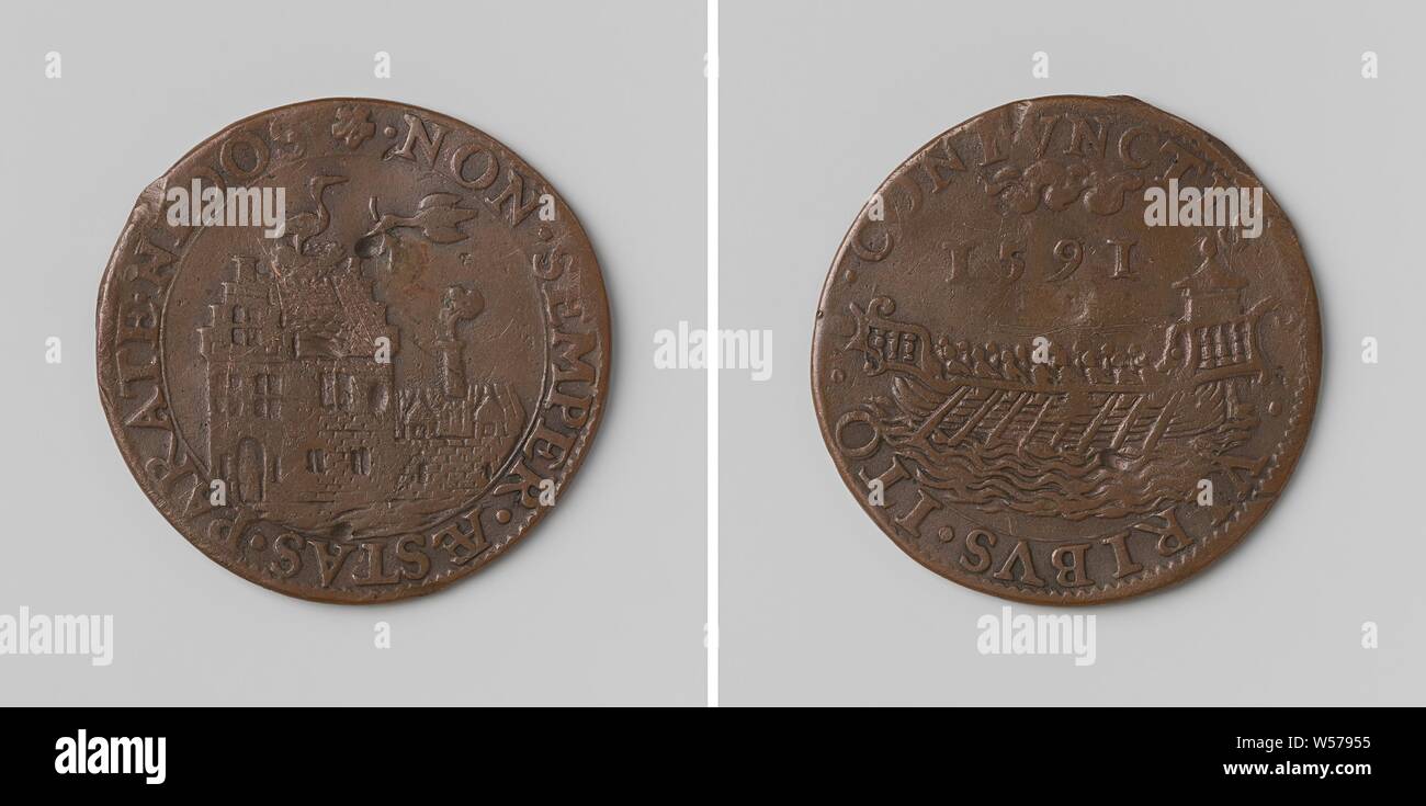 incentive to vigilance and concord, Copper Medal. Front: storks that build a nest on the roof of a house within a circle. Reverse: Roman galley with year inside an inscription, Gerard van Bylaer, Dordrecht, 1591, copper (metal), striking (metalworking), d 3 cm × w 5.58 Stock Photo