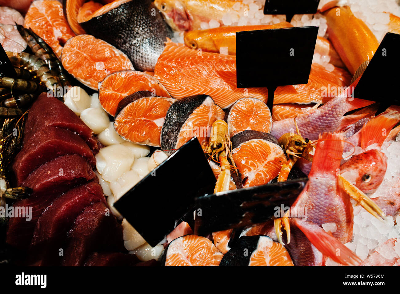 Frozen seafood for sale at supermarket Stock Photo Alamy