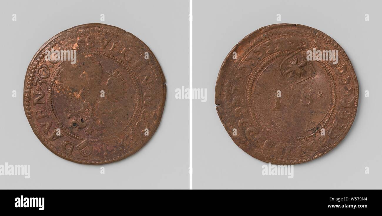 Siege of Deventer, penny, Copper emergency currency. Obverse: crowned eagle within a cover. Reverse: Roman numeral I and letter S inside wreath, knock: city coat of arms, Deventer, Balthasar Wijntgens, 30-Oct-1578, copper (metal), striking (metalworking), d 2.5 cm × w 3.19 Stock Photo