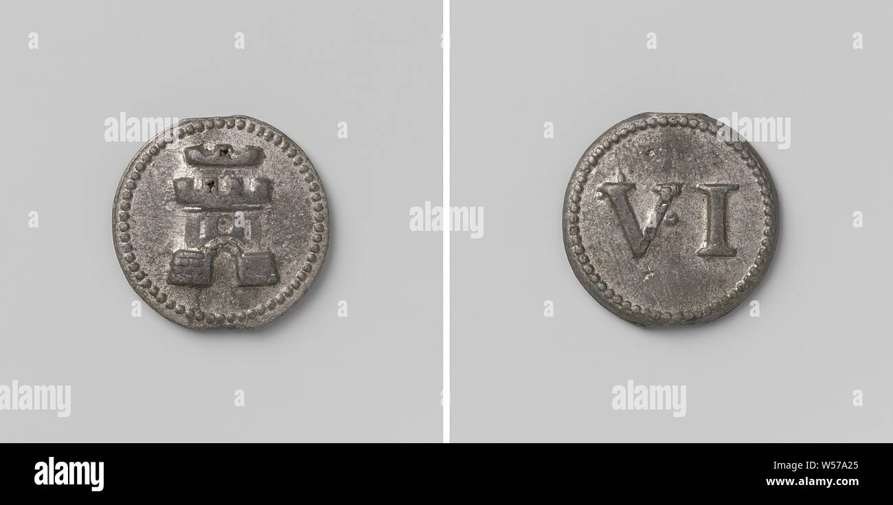 Vro Gereedschap from Middelburg, medal worth 6 pence, Medallion. Front:  castle within pearl rim. Reverse: Roman numeral VI, Middelburg, anonymous,  1672, alloy, striking (metalworking), d 2 cm × w 3.78 Stock Photo - Alamy