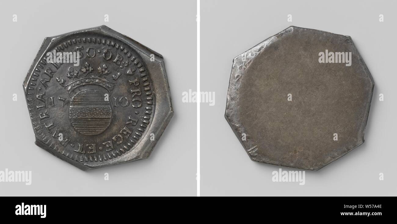 Emergency coin of fifty pennies, Aire taken by the allies, emergency coin  minted by order of Margrave Guebriant, Unilateral, octagonal silver  emergency coin. Obverse: crowned coat of arms between the year inside