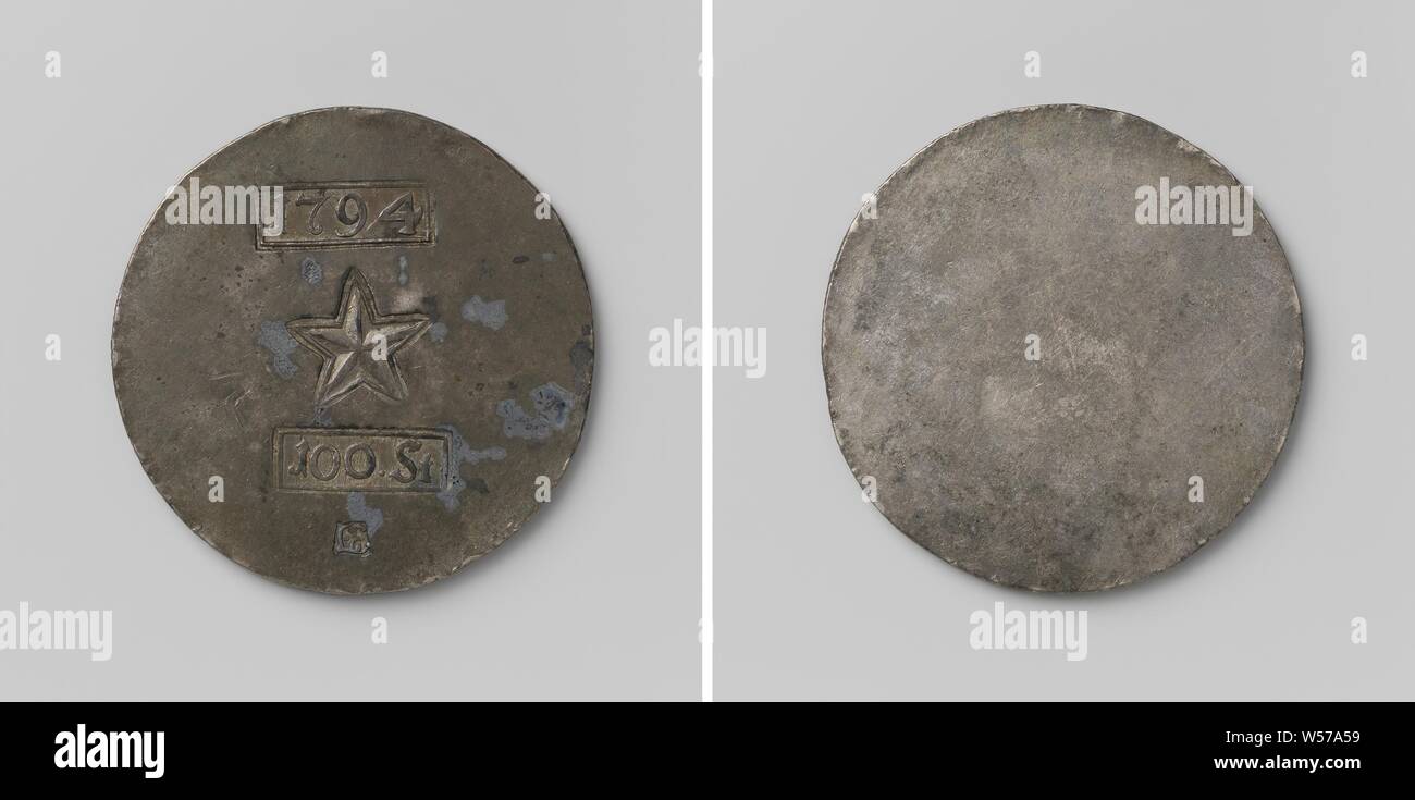 One hundred pennies of siege of Maastricht by the French, emergency currency made from the silver of the St. Servaas and O.L. Vrouwe-chapter, Single-sided emergency currency. Front: four stamps one above the other, rectangular stamp with year, five-pointed star, rectangular stamp with value indication and small stamp with monogram of letters L and E. Reverse: blanco, Maastricht, anonymous, Oct-1794 - 27-Oct-1794, silver (metal), striking (metalworking), d 4.1 cm × w 30.2 Stock Photo