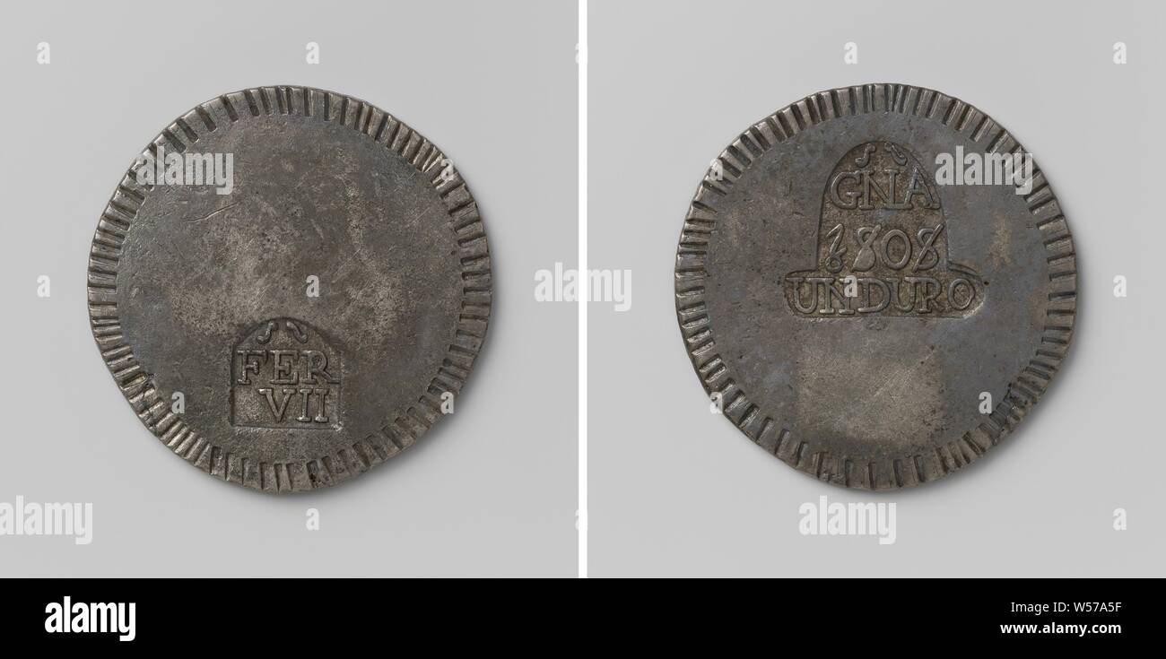 Duro, siege of Gerona by the French, emergency coin struck by Ferdinand VII, king of Spain, Obverse: below: stamp with inscription 'FER VII', above that empty area within shaded border. Reverse: on the upper side: stamp with inscription: 'GNA 1808 Un Duro', below that is an empty area within a shaded border, Gerona, Ferdinand VII (King of Spain), anonymous, 1808, silver (metal), striking (metalworking), d 4 cm × w 26.31 Stock Photo