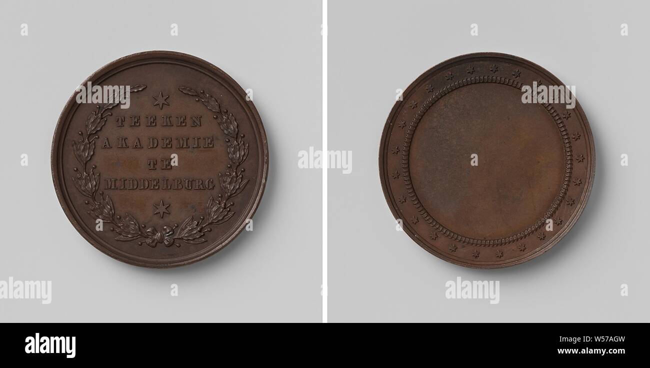 Drawing Academy in Middelburg, Bronze Medal. Front: inscription below and above star within laurel wreath. Reverse: blank field within pearl border and border of twenty-five stars, Middelburg, anonymous, Utrecht, 1865, bronze (metal), striking (metalworking), d 2.7 cm × w 10.55 Stock Photo