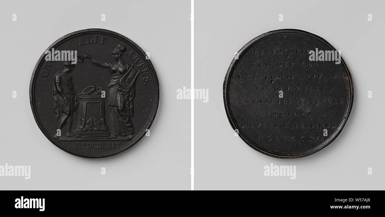 University of Leiden, medal awarded to Pieter Otto van der Chijs, Iron medal. Front: Minerva with winch in hand, holding wreath above young man's head, between the two in an altar, on which two wreaths lie within a circle, cut off: inscription. Reverse: inscription, Leiden, Pieter Otto van der Chijs, Jean Henri Simon, Brussels, 1826, iron (metal), engraving, d 3.2 cm × w 11.20 Stock Photo