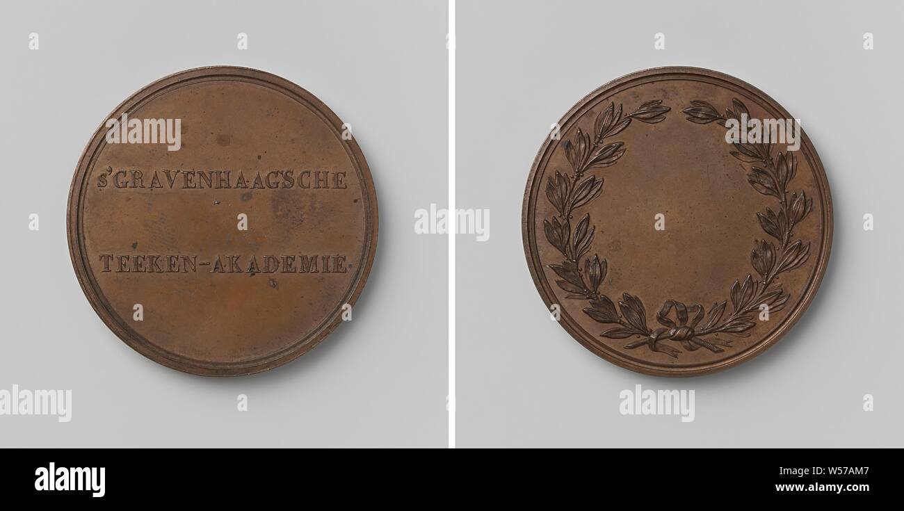 Drawing Academy of the Academy of Fine Arts in The Hague, Bronze Medal. Front: inscription. Reverse: blank field within laurel wreath, The Hague, drawing academy Pictura, anonymous, Utrecht, 1834, bronze (metal), striking (metalworking), d 4.2 cm × w 33.64 Stock Photo