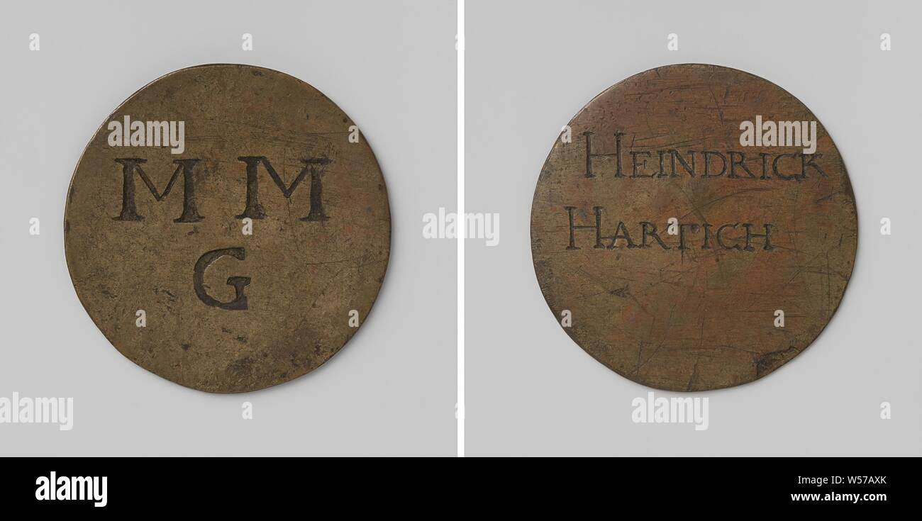 Mandemakers' Guild of Amsterdam, Guild Medal of Heindrick Hartich, Brass Medal. Front: inscription. Reverse: two letters M above letter G, Amsterdam, Heindrick Hartich, anonymous, 1624, brass (alloy), engraving, d 3.5 cm × w 5.63 Stock Photo
