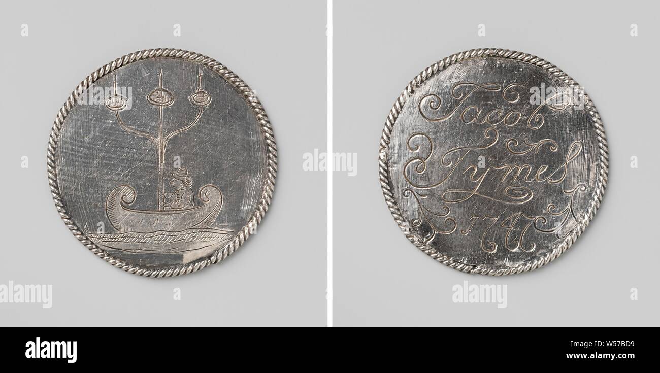 Jacob Tijmes occasional token from Oostzaan, Silver medal in cable edging. Front: man in a boat with curled front and back stern, as a mast: standard on which three candles rest. Reverse: inscription, Oostzaan, Jacob Tijmes, anonymous, 1747, silver (metal), engraving, d 3.3 cm × w 4.48 Stock Photo