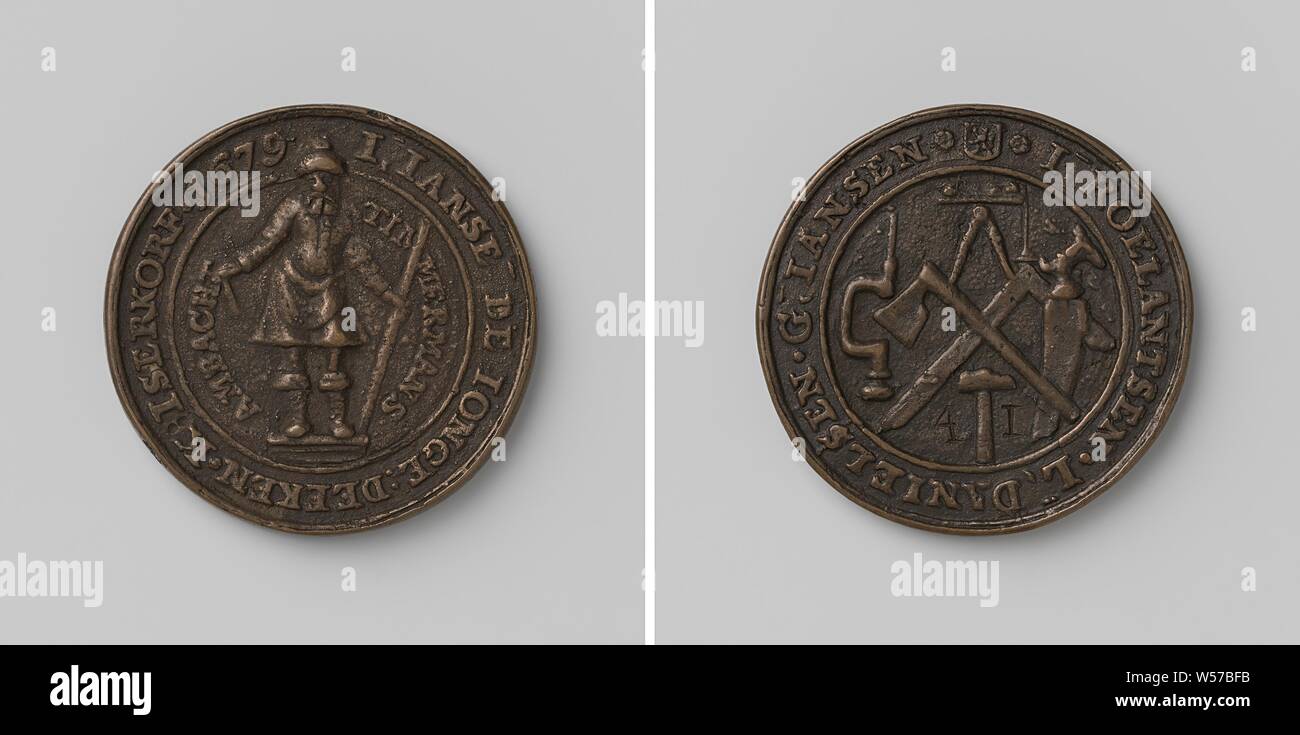 Carpenters Guild of Zierikzee, Guild Medal with No. 41, Copper Medal. Front: St. Joseph with turban on head, standing on pedestal, in open hand an open compass, in left hand a yardstick within a two-line text. Reverse: drill, ax, square, saw, plumb bob, compass and hammer above number 41 in a two-line circumference, Zierikzee, I. Janse de Jonge, K. Iserkorf, I. Roelantsen, L. Danielsen, G. Jansen (carpenter), Johannes de Laedt, 1679, copper (metal), engraving, d 5 cm × w 51.64 Stock Photo