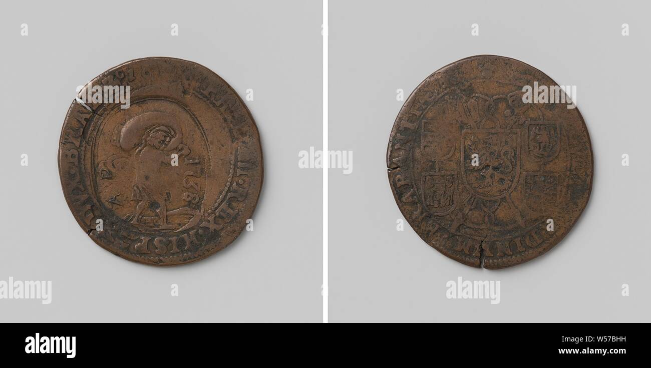 Pocket Carrier Guild, beaten over the counting medal of Philip IV, king of Spain, beaten by order of the States of Brabant, Copper Medal. Front: in oval stamp: right-handed man with bag over shoulder, left: letters A and P, right: year, underneath the original representation: a man's bust inside an inscription. Reverse: coat of arms on a crossed bishop's staff, crowned with a miter, and a lance, crowned with a helmet, surrounded by four cord-bound coats of arms within an inscription, Brabant, Philip IV (King of Spain), States of Brabant, anonymous, Belgium, 1626 and/or 1738, copper (metal Stock Photo