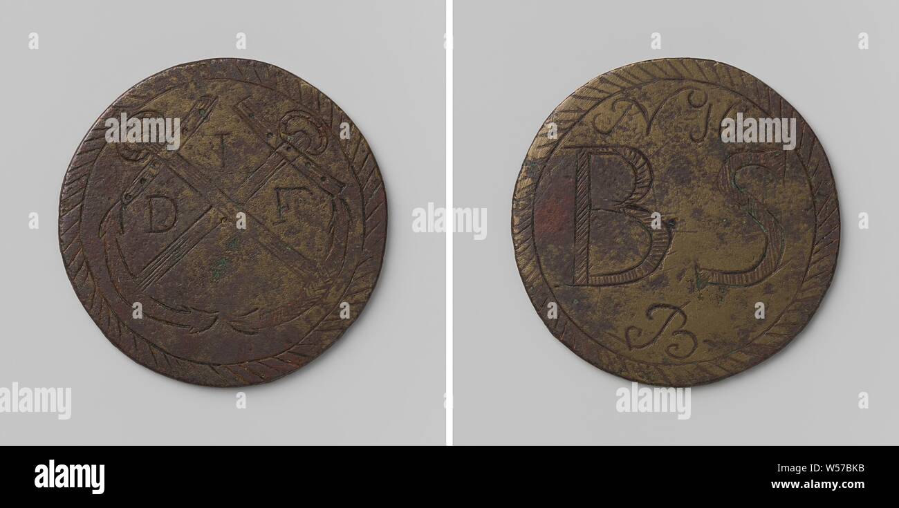 Fire spray token with No. 16 and monograms I.D.F and B.S, Brass token. Front: two crossed anchors, the letters I, D and F within a shaded border between them. Reverse: monogram of letters B and S, number above 16, below that the letter B, anonymous, Netherlands, c. 1400 - c. 1885, brass (alloy), engraving, d 4.4 cm × w 25.95 Stock Photo