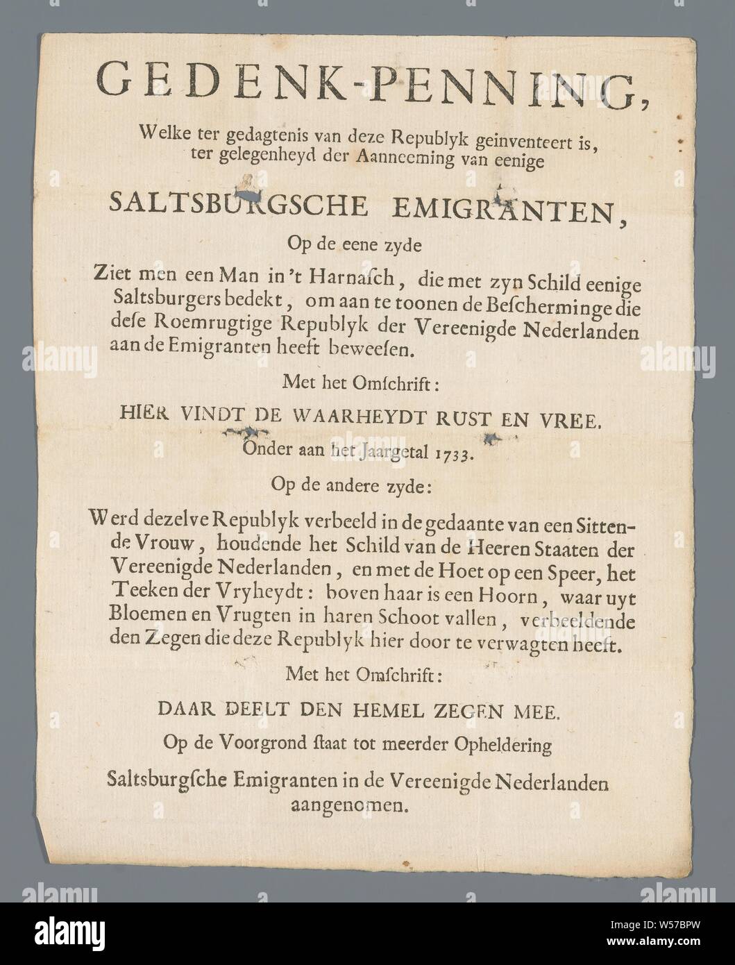 Explanation of the medal by Martinus Holtzhey struck at the recording of the Salzburg emigrants in the Netherlands, One-sided, rectangular paper with inscription, printed in black ink. Reverse: numbers 3 and 47 written in black ink, Trinity Church, Breskens, anonymous, Amsterdam, 1733, paper, printing, h 20.3 cm × w 16 cm Stock Photo