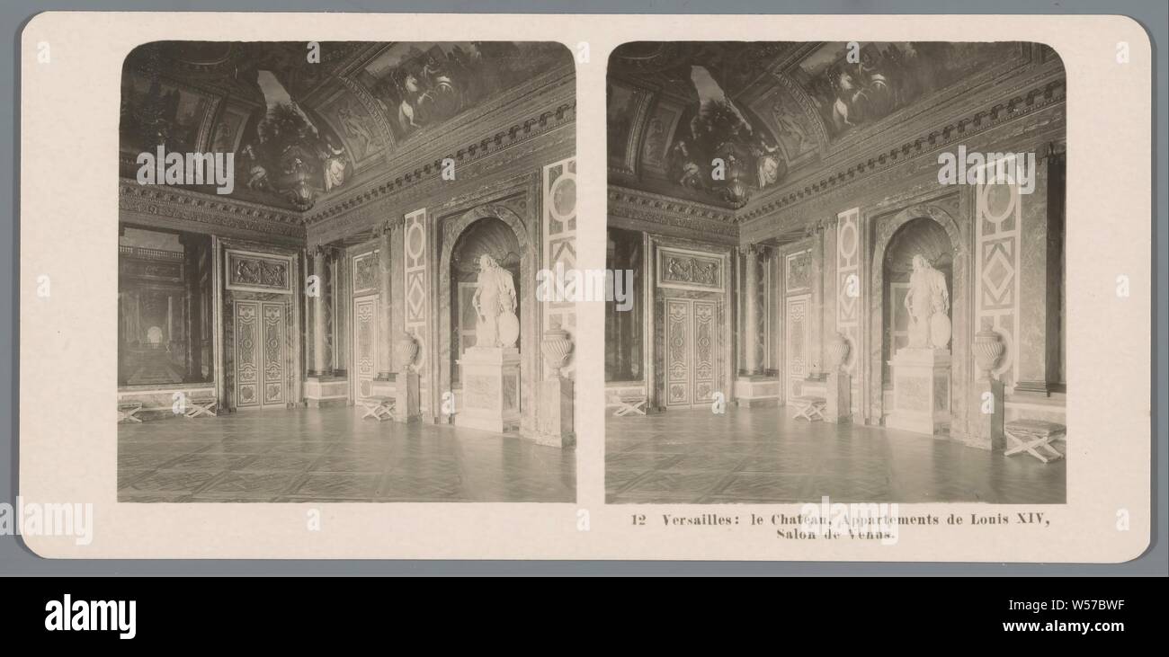 Interior of the Salon of Venus in the Palace of Versailles Versailles: le Chateau, Appartements de Louis XIV, Salon of Venus (title on object), interior, representation of a building, drawing room, 'salon', sculpture, Neue Photographische Gesellschaft (mentioned on object), Paleis van Versailles, 1903, cardboard, photographic paper, gelatin silver print, h 88 mm × w 179 mm Stock Photo