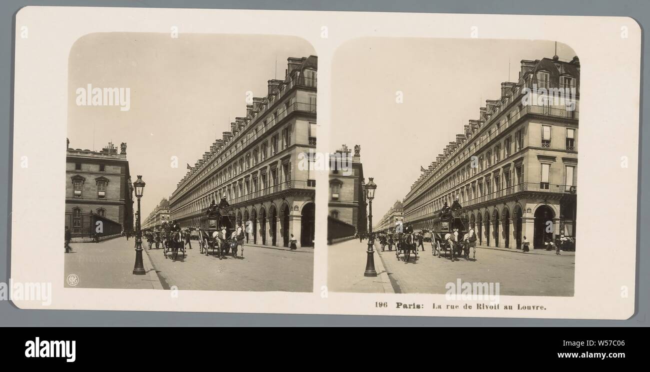 View of the Rue de Rivoli in Paris Paris: La rue de Rivoli au Louvre (title on object), street, facade (or house or building), four-wheeled, animal-drawn vehicle, eg: cab, carriage, coach, Rue de Rivoli, Neue Photographische Gesellschaft (mentioned on object), in or after 1895 - c. 1905, cardboard, photographic paper, gelatin silver print, h 88 mm × w 179 mm Stock Photo