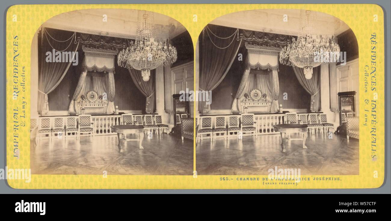 Chamber of Josephine de Beauharnais in the Grand Trianon, Josephine Chamber of l'Imperatrice (Grand Trianon) (title on object), Imperial Residences (series title on object), bed, chandelier, candelabrum, Grand Trianon, Ernest Eleonor Pierre Lamy (mentioned on object), 1860 - 1880, cardboard, photographic paper, albumen print, h 87 mm × w 178 mm Stock Photo