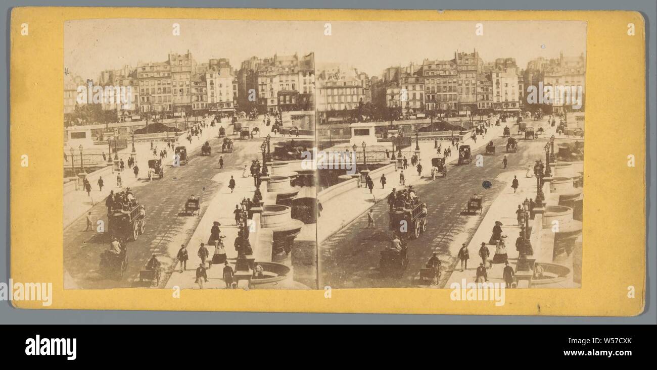 View of the Pont Neuf in Paris, bridge in city across river, canal, etc, four-wheeled, animal-drawn vehicle, eg .: cab, carriage, coach, Pont Neuf, anonymous, Paris, c. 1850 - c. 1880, photographic paper, cardboard, albumen print, h 86 mm × w 180 mm Stock Photo