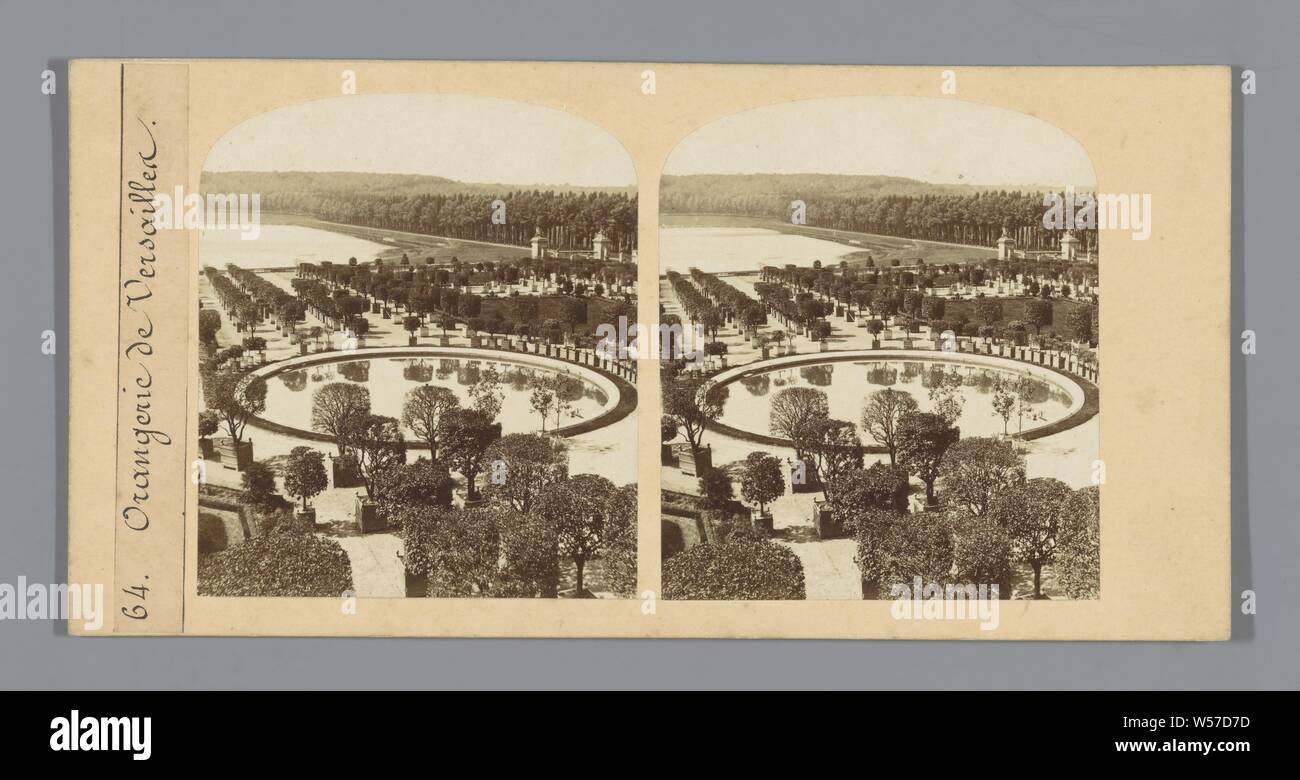 View of the Orangery of the Palace of Versailles, greenhouse, orangery, French or architectonic garden, formal garden, Garden of Versailles, Orangery, anonymous, Tuin van Versailles, c. 1850 - c. 1875, cardboard, photographic paper, h 85 mm × w 170 mm Stock Photo