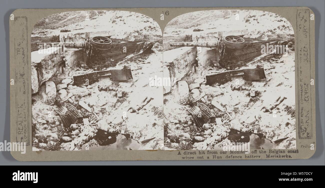 A direct hit from our Monitors off the Belgian coast wipes out their defense battery, Meriakerke, firearms: cannon, loss, damage, destruction of machinery, Realistic Travels (mentioned on object), Mariakerke, 1914 - 1918, cardboard, photographic paper, gelatin silver print, h 85 mm × w 170 mm Stock Photo