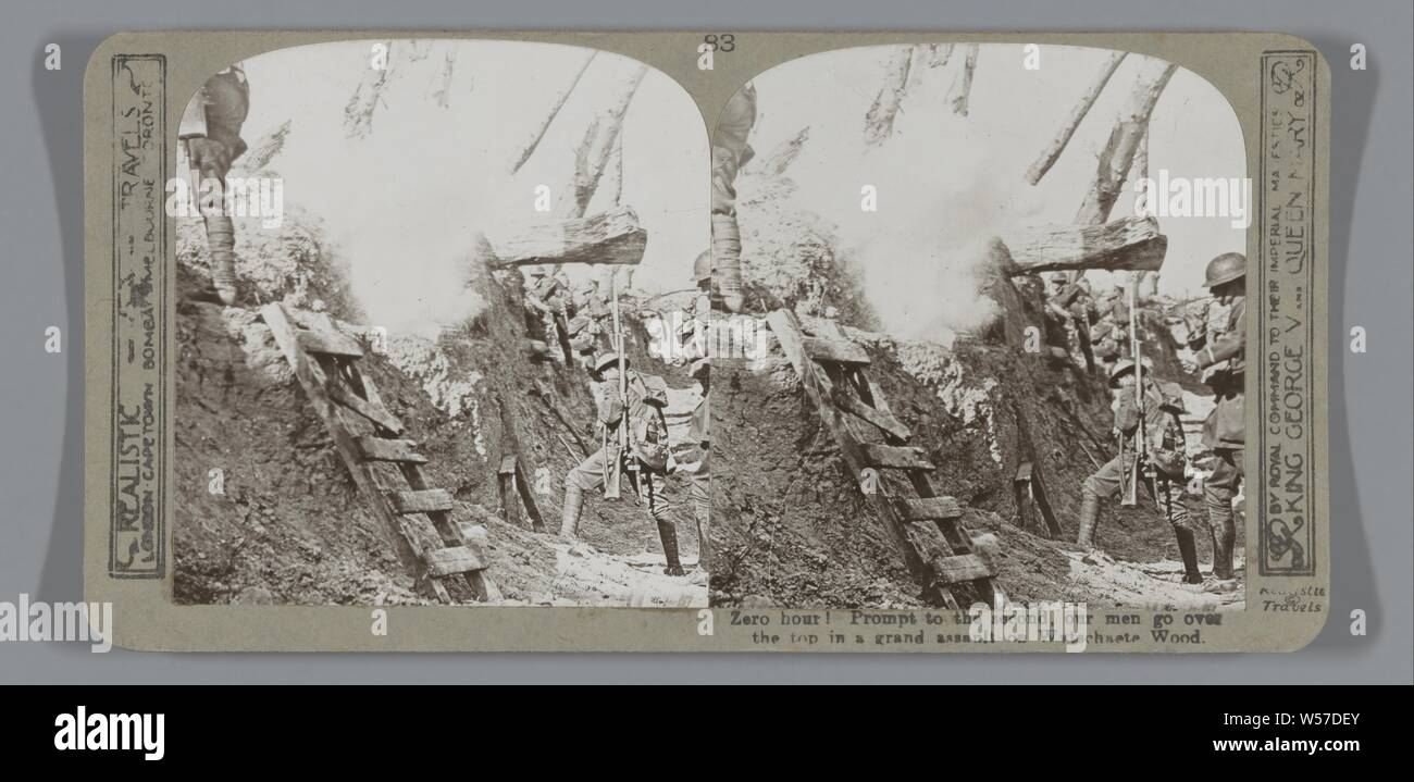 Zero hour! Prompt to the second, our men go over the top in a grand assault on Wytschaete Wood, trenches, private soldier, Realistic Travels (mentioned on object), Vlaanderen, 1914 - 1918, cardboard, photographic paper, gelatin silver print, h 85 mm × w 170 mm Stock Photo