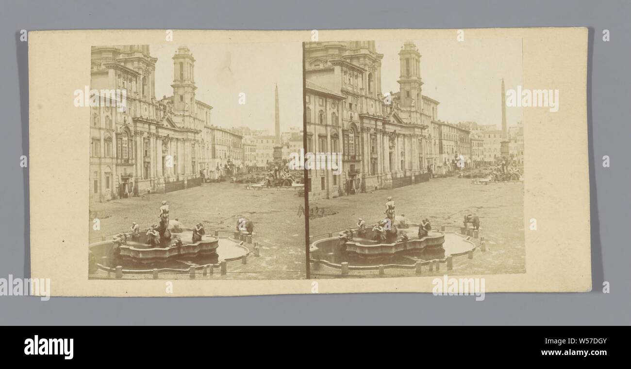 Piazza Navona in Rome, ornamental fountain, square, place, circus, etc, facade (or house or building), Piazza Navona, anonymous, c. 1850 - c. 1880, cardboard, photographic paper, albumen print, h 85 mm × w 170 mm Stock Photo