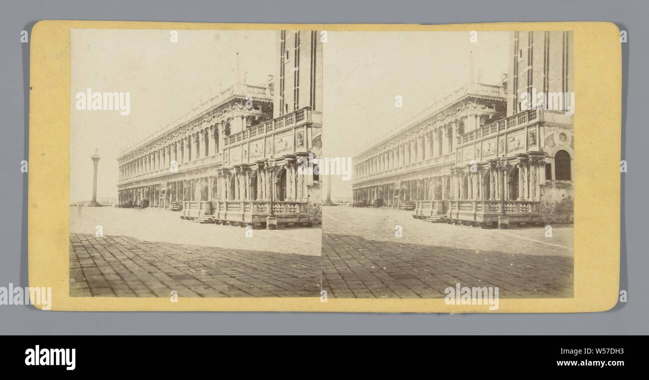 Exterior of the Biblioteca Marciana and the Loggetta del Sansovino on St. Mark's Square in Venice, facade (or house or building), square, place, circus, etc, St. Mark's Square, C. Coen & Figlio (mentioned on object), San Marcoplein, c. 1860 - c. 1880, cardboard, photographic paper, albumen print, h 85 mm × w 170 mm Stock Photo