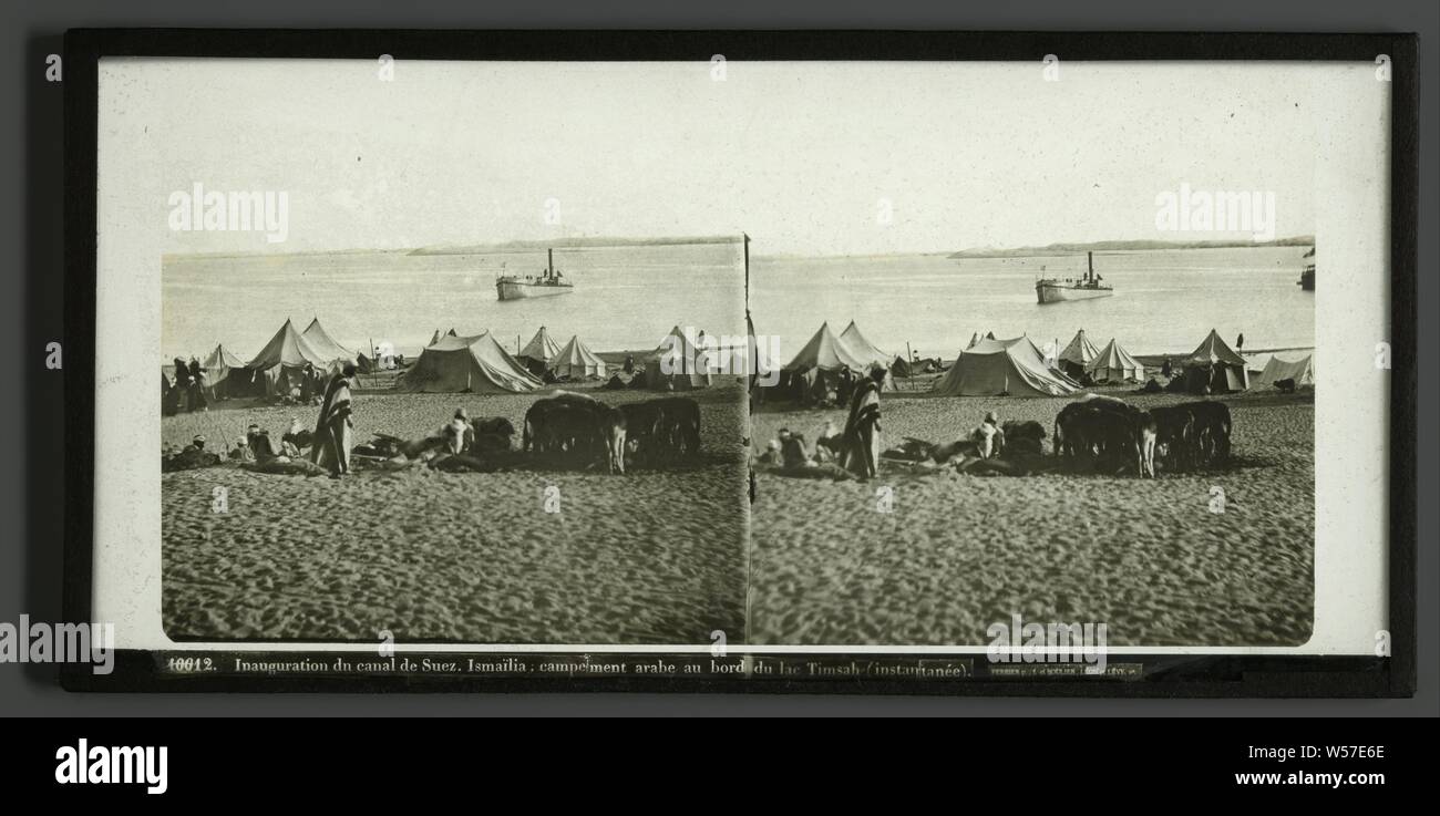 Inauguration du canal de Suez. Ismailia, campsite arabe au bord du lac Timsah (instantanee), Ferrier Père-Fils et Soulier, 1860 - 1880, glass Stock Photo