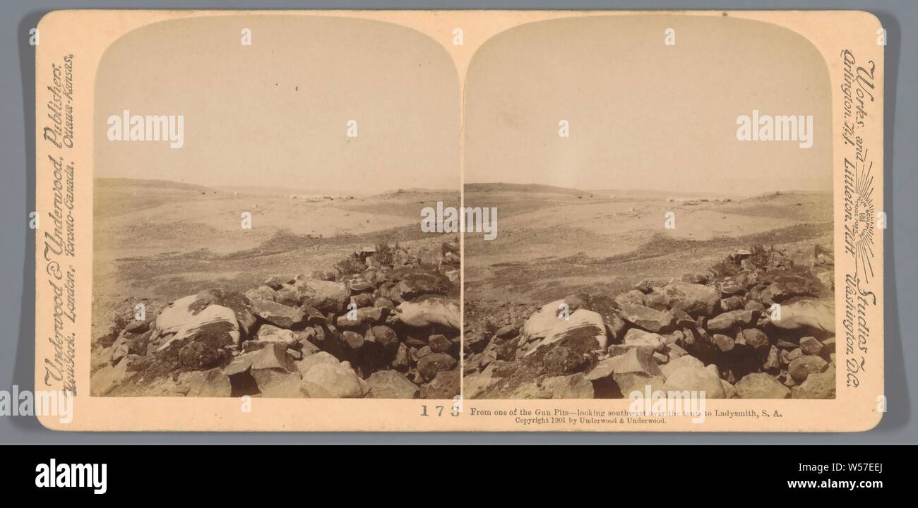 View of a military camp near Ladysmith, seen from a location shot from during the Second Boer War, From one of the Gun Pits - looking southwest over the tents to Ladysmith, S.A. (title on object), (military) camp with tents, Ladysmith, Underwood and Underwood (mentioned on object), 1901, photographic paper, cardboard, albumen print, h 88 mm × w 178 mm Stock Photo