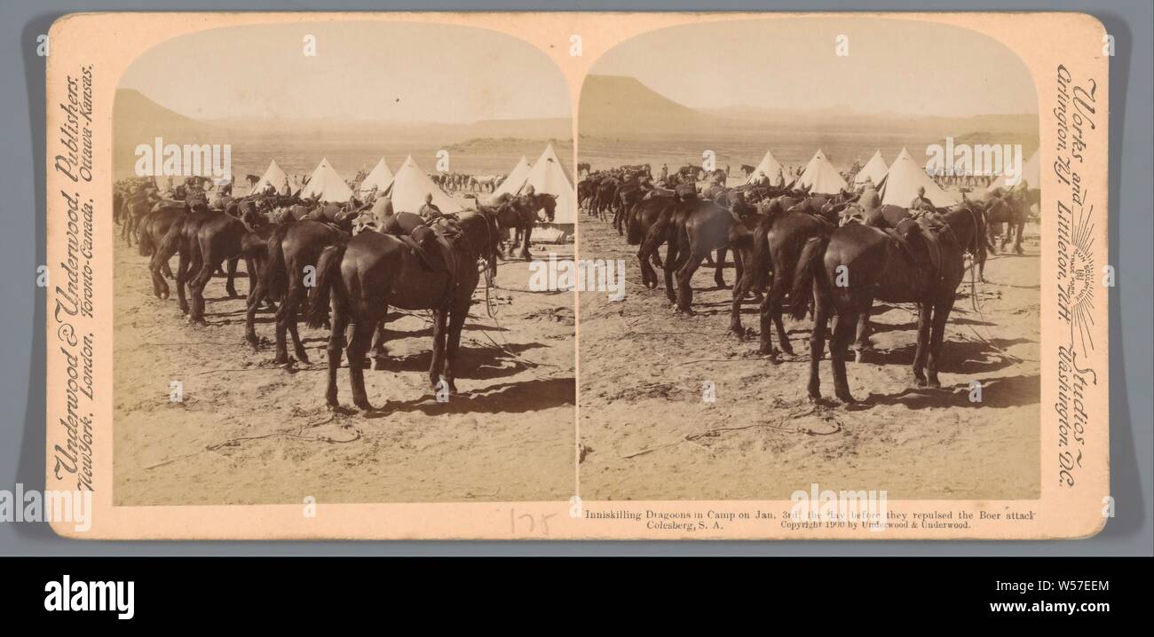 Camp with horses from supposedly the British army in Colesberg in South Africa, Inniskilling Dragoons in Camp on Jan. 3rd, the day before they repulsed the Boer attack, Colesberg, S.A. (title on object), (military) camp with tents, horse, Underwood and Underwood, 1900, photographic paper, cardboard, albumen print, h 88 mm × w 178 mm Stock Photo