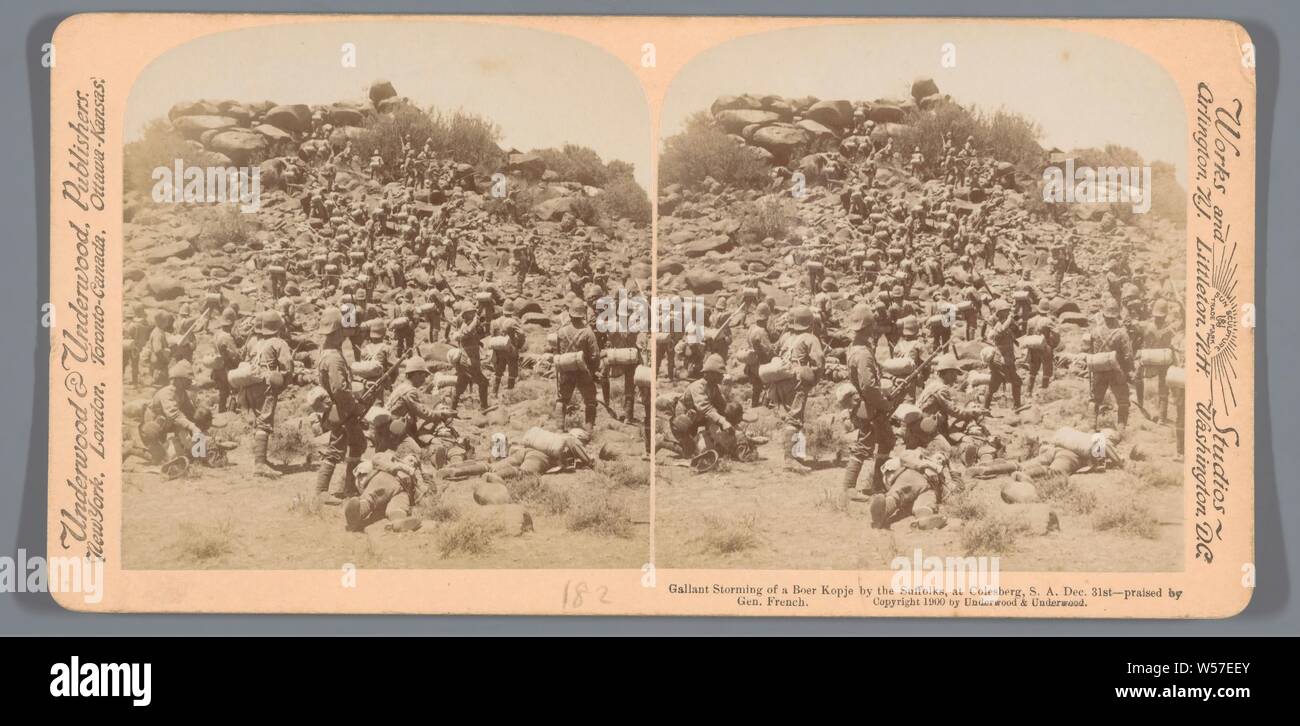 Staged representation of a storm of British soldiers in Colesberg, Gallant Storming of a Boer Head by the Suffolks, at Colesberg, S.A, 31st - praised by Gen. French (title on object), the soldier, the soldier's life, preparation for battle, Colesberg, Underwood and Underwood (mentioned on object), 1900, photographic paper, cardboard, albumen print, h 88 mm × w 178 mm Stock Photo