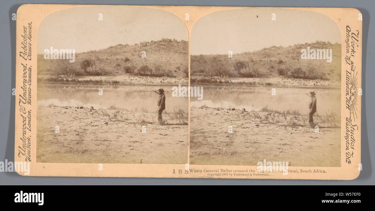 View of the spot where General Sir Redvers Henry Buller crossed the Tugela River in Natal in South Africa, Where General Buller crossed the Tugela River, Natal, South Africa (title on object), river, Underwood and Underwood (mentioned on object), 1901, photographic paper, cardboard, albumen print, h 88 mm × w 178 mm Stock Photo