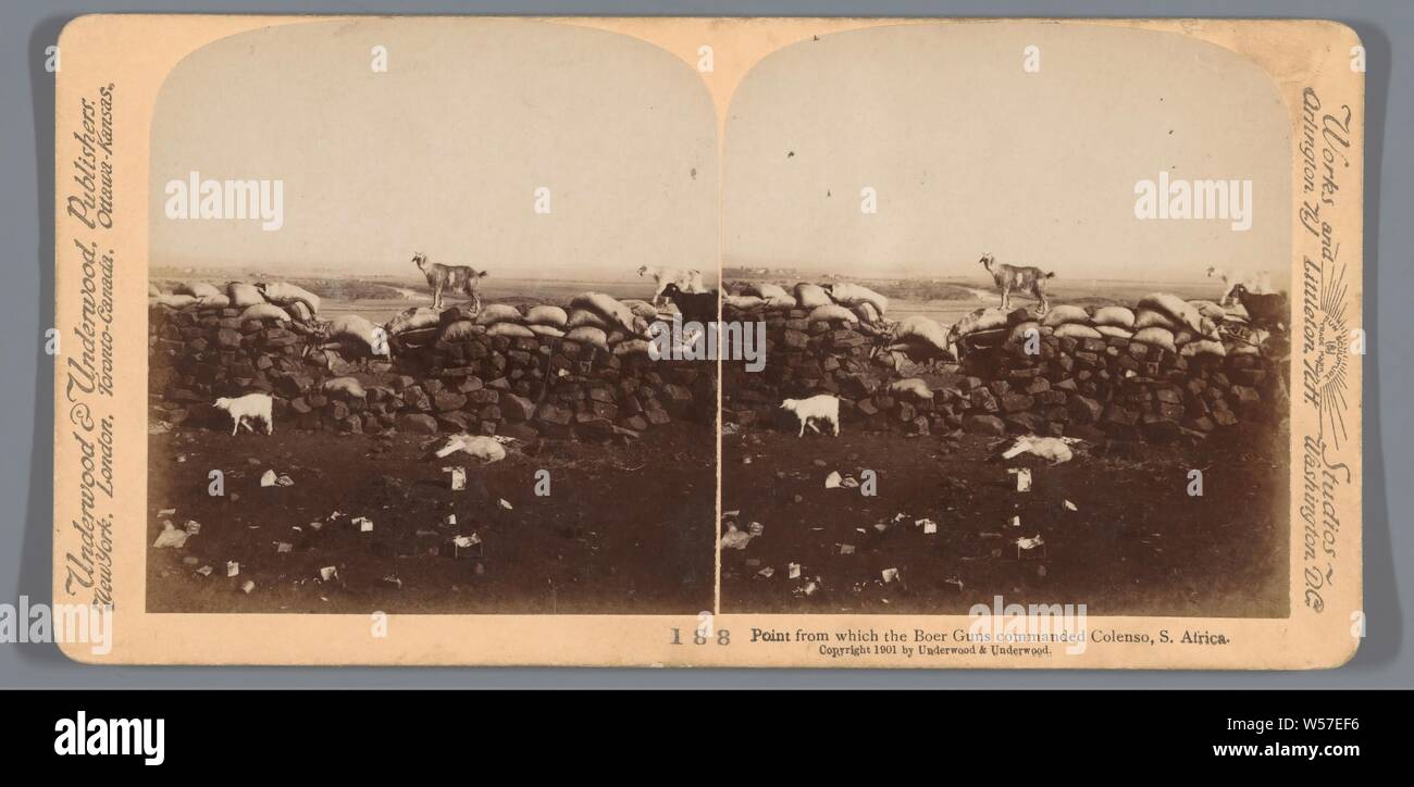 View of a wall with sandbags and goats, fighting from here during the Second Boer War, Point from which the Boer Guns commanded Colenso, S. Africa (title on object), goat, battle, South Africa, Underwood and Underwood (mentioned on object), Zuid-Afrika, 1901, photographic paper, cardboard, albumen print, h 88 mm × w 178 mm Stock Photo